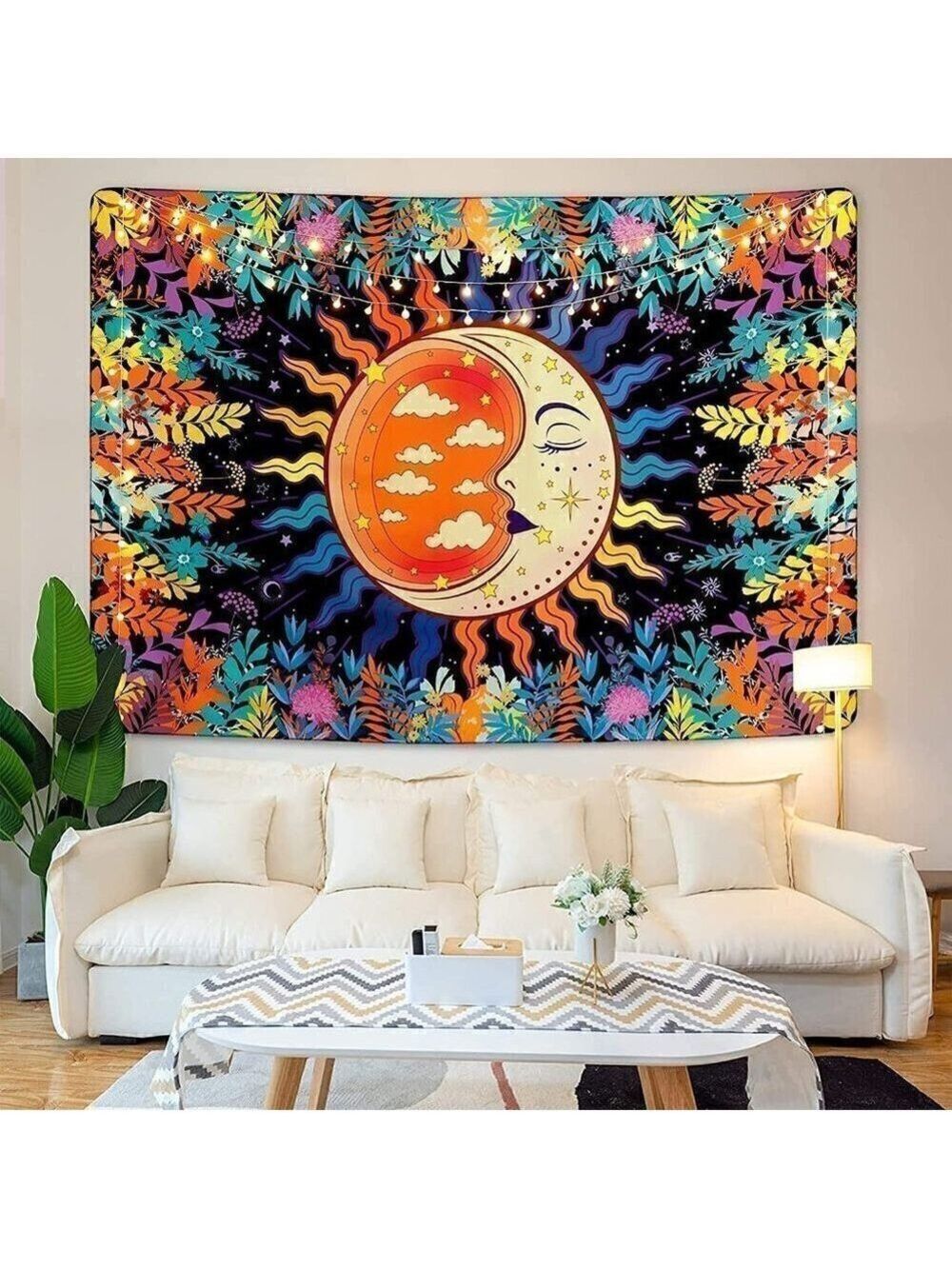 𝅺PSYCHEDELIC Moon Stars Garden Flower Tapestry Mandala Living Room Bedroom Dorm